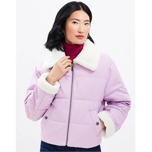 Ann Taylor LOFT Quilted Shearling Collar Full Zip Coat Winter Jacket Purple XS